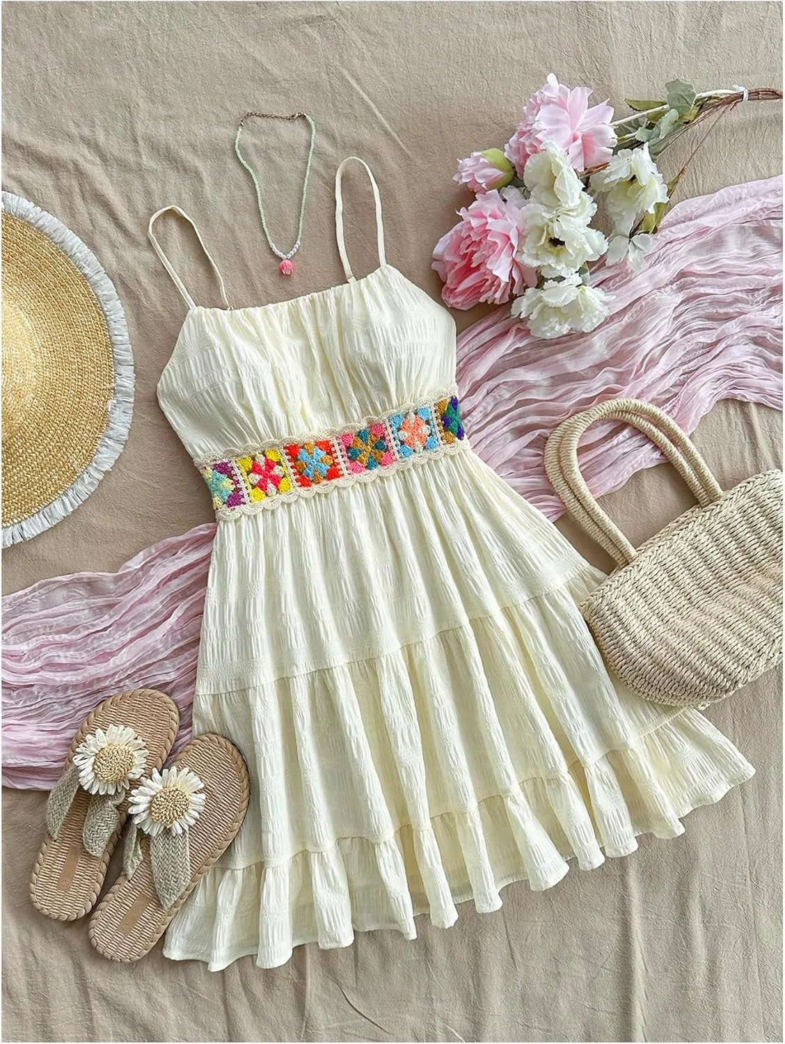 SOLY HUX Women's Summer Dresses Crochet Floral Boho Cami Dress Beach Vacation Mini Dress