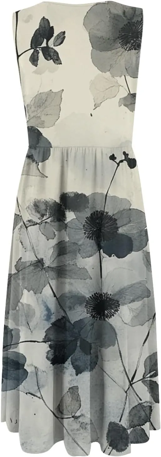 Summer Dresses for Women 2025 Casual A-Line Crew Neck Sleeveless Flowy Sundresses Elegant Floral Graphic Dress with Pockets
