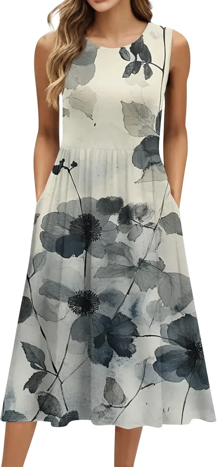 Summer Dresses for Women 2025 Casual A-Line Crew Neck Sleeveless Flowy Sundresses Elegant Floral Graphic Dress with Pockets