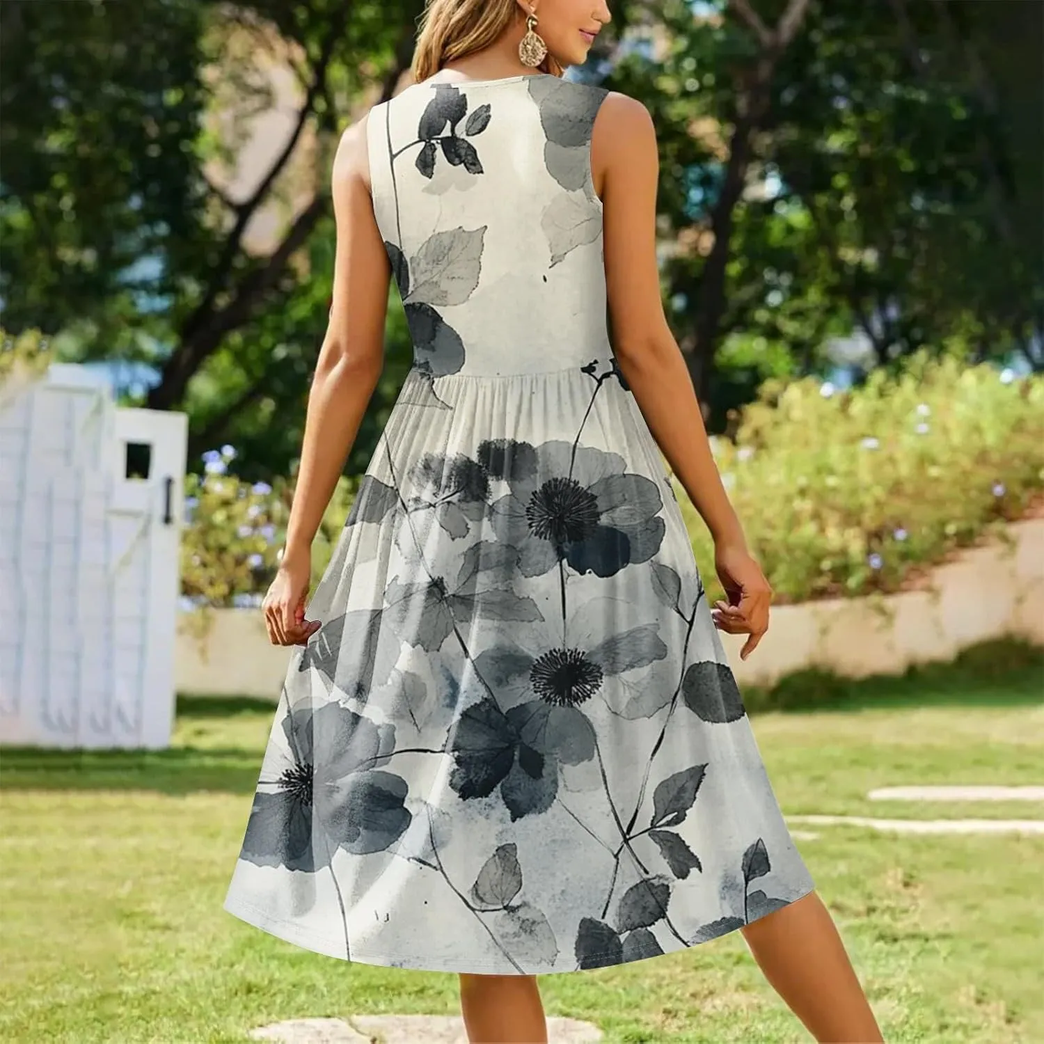 Summer Dresses for Women 2025 Casual A-Line Crew Neck Sleeveless Flowy Sundresses Elegant Floral Graphic Dress with Pockets