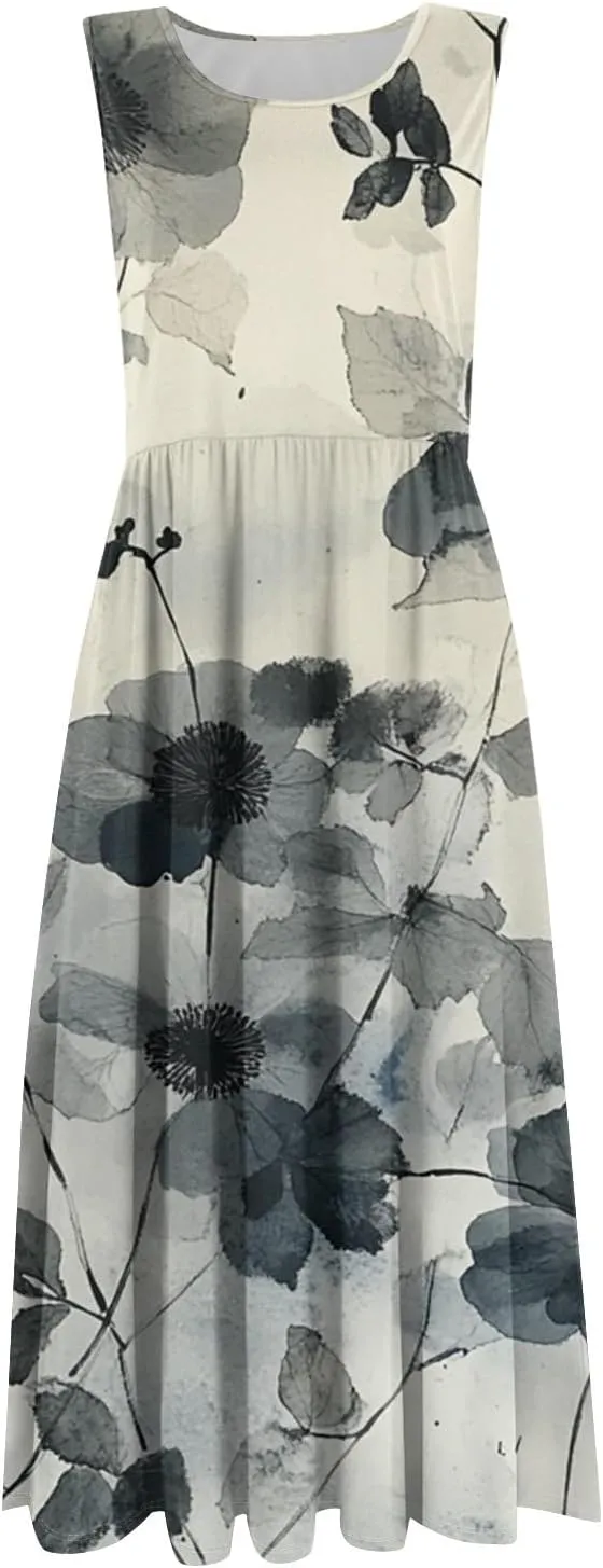 Summer Dresses for Women 2025 Casual A-Line Crew Neck Sleeveless Flowy Sundresses Elegant Floral Graphic Dress with Pockets