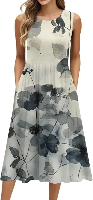 Summer Dresses for Women 2025 Casual A-Line Crew Neck Sleeveless Flowy Sundresses Elegant Floral Graphic Dress with Pockets