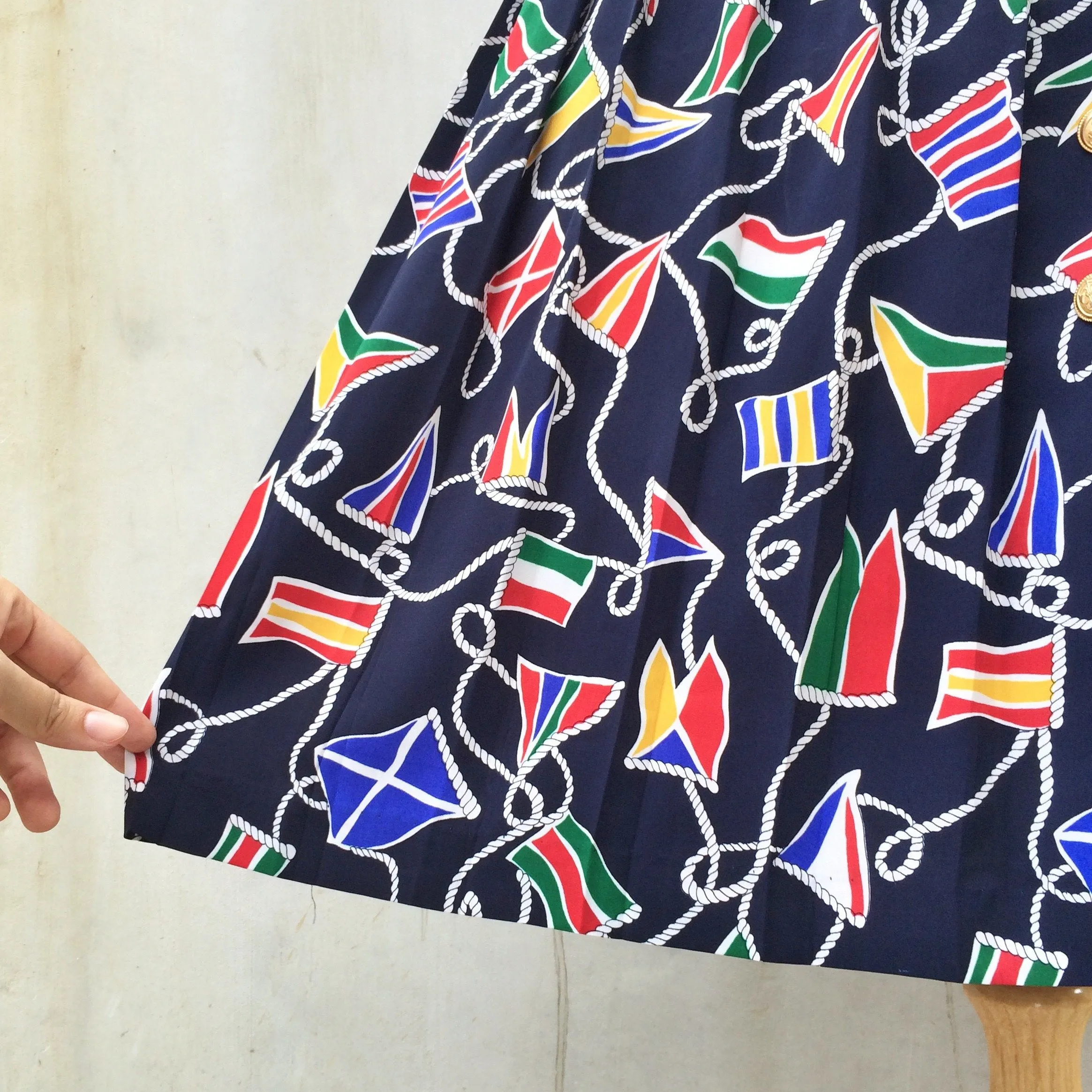 Summer Sailing | Vintage 1980s Talbots petites Nautical theme Flag   Rope Navy blue button-down dress with Matching belt