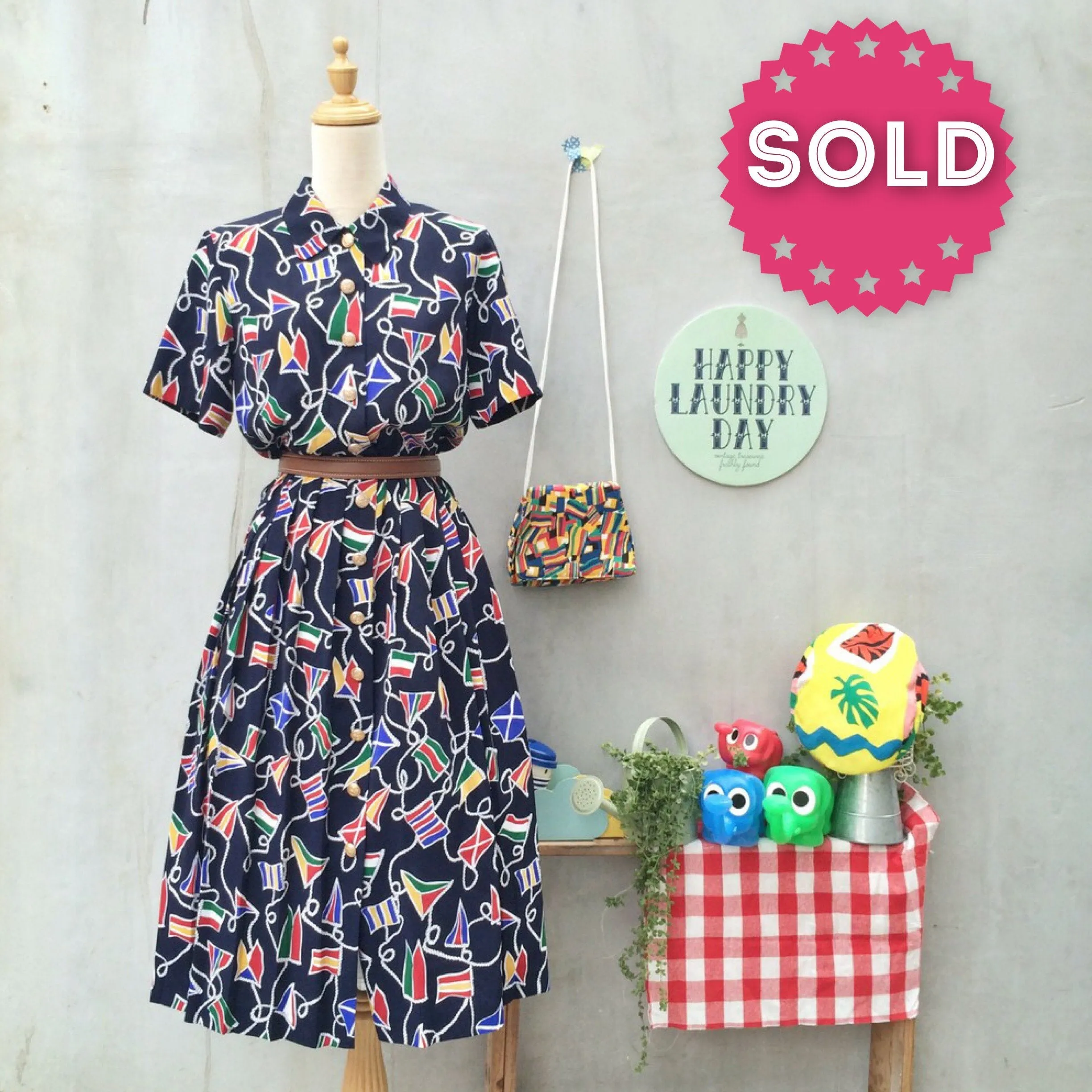 Summer Sailing | Vintage 1980s Talbots petites Nautical theme Flag   Rope Navy blue button-down dress with Matching belt