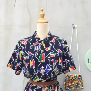 Summer Sailing | Vintage 1980s Talbots petites Nautical theme Flag   Rope Navy blue button-down dress with Matching belt