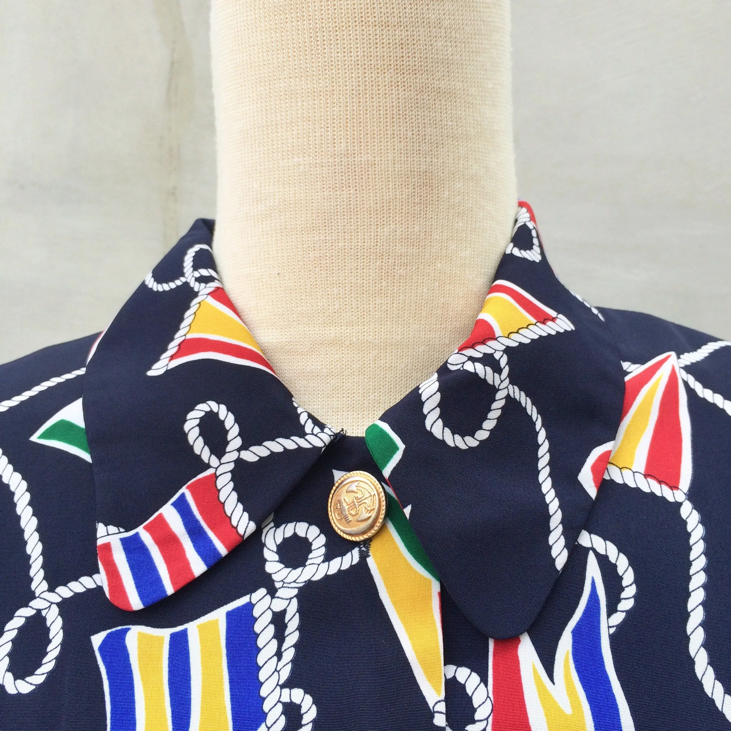 Summer Sailing | Vintage 1980s Talbots petites Nautical theme Flag   Rope Navy blue button-down dress with Matching belt