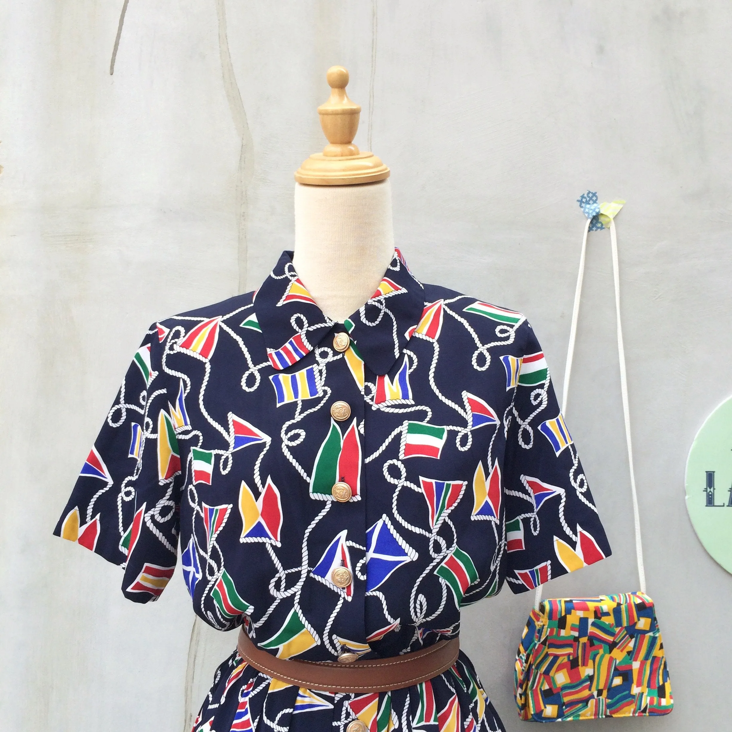 Summer Sailing | Vintage 1980s Talbots petites Nautical theme Flag   Rope Navy blue button-down dress with Matching belt