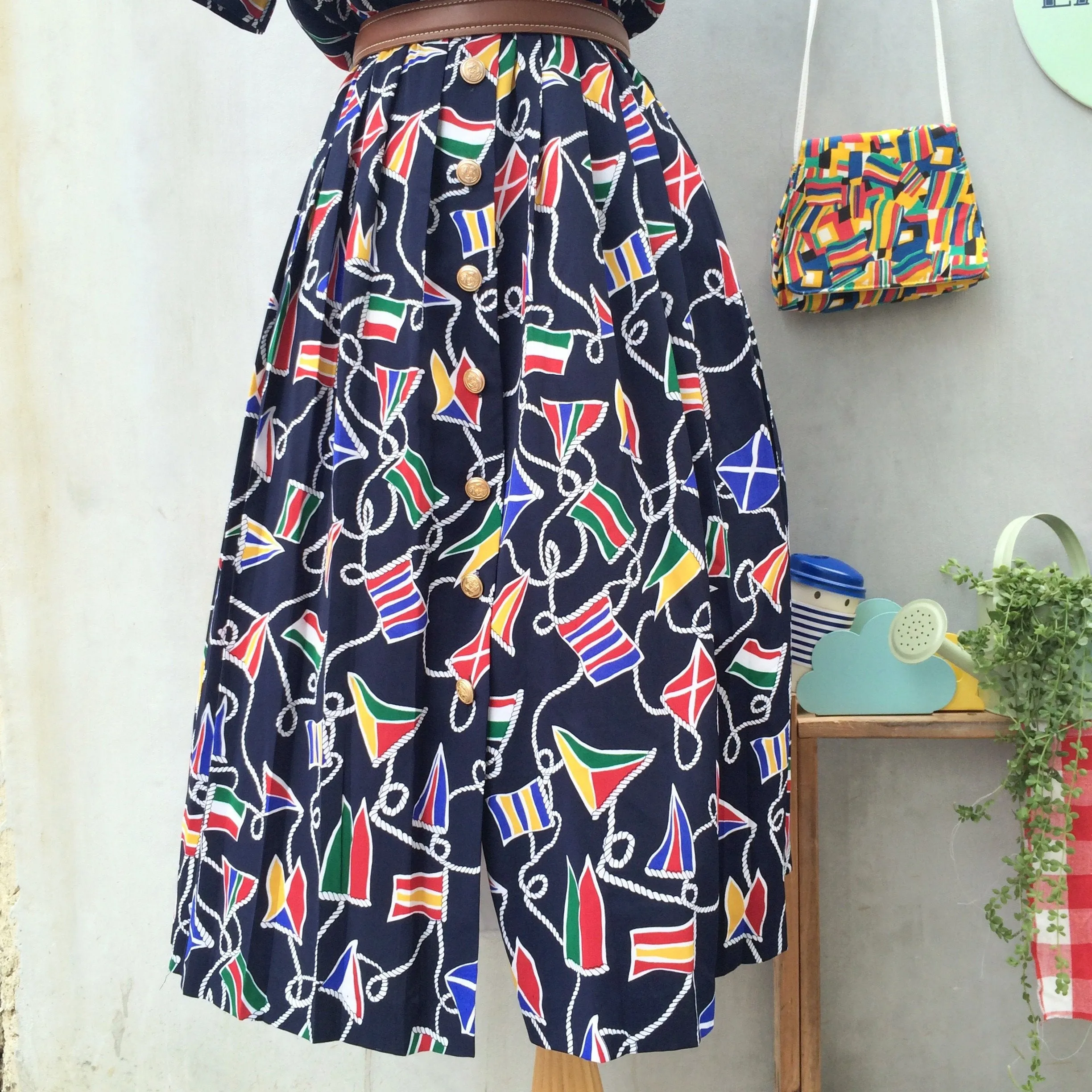 Summer Sailing | Vintage 1980s Talbots petites Nautical theme Flag   Rope Navy blue button-down dress with Matching belt