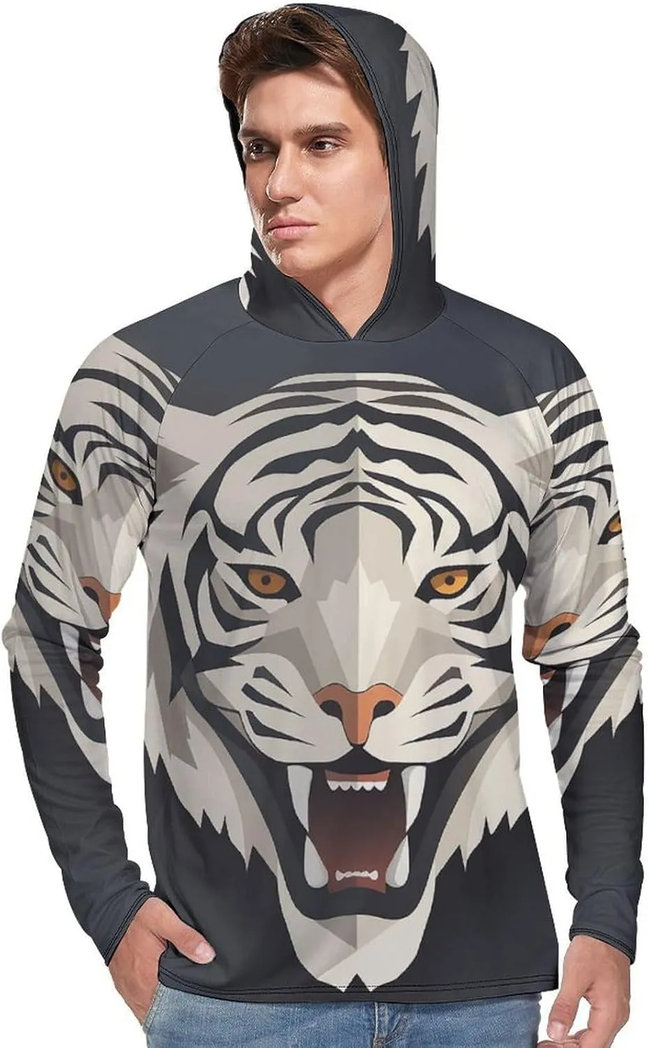 Sun Protection Shirt Long Sleeve Hoodie Tiger Face Lightweight Rash Guard Quick Dry Sun Shirt for Outdoor