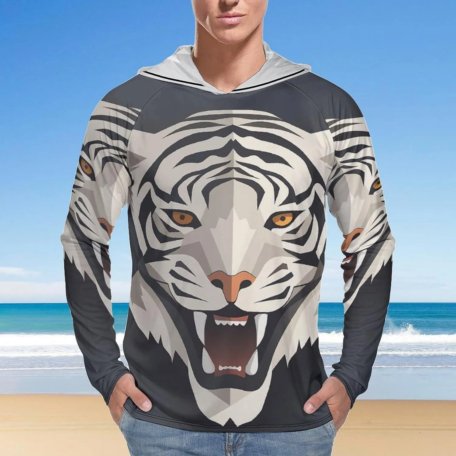 Sun Protection Shirt Long Sleeve Hoodie Tiger Face Lightweight Rash Guard Quick Dry Sun Shirt for Outdoor