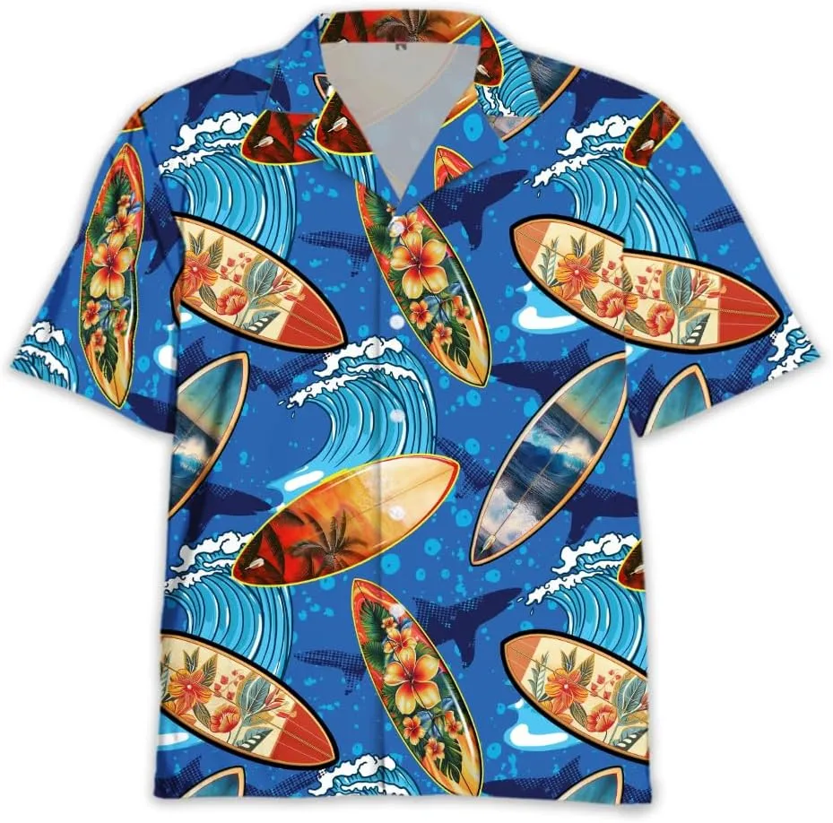 Surfboard Hawaiian Shirts for Men - Oceans Lover Button Down Mens Shirts Short Sleeve Luau Beach Shirt
