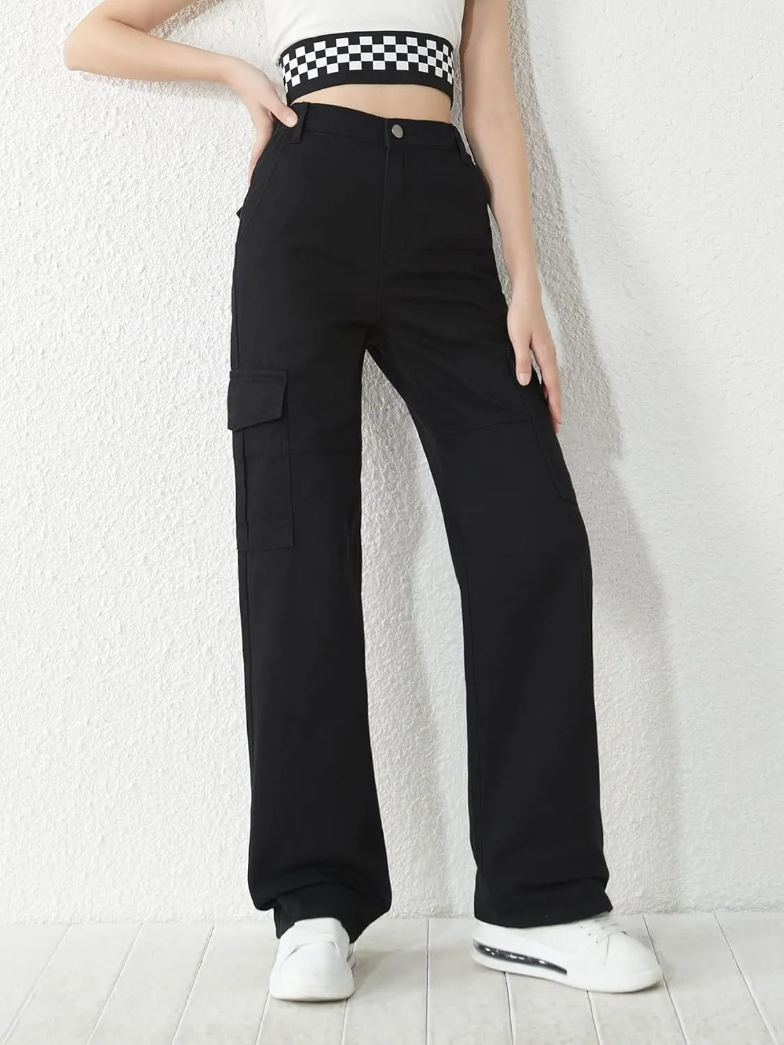 SweatyRocks Girl's Casual Elastic Waist Zip Up Denim Pants Straight Leg Cargo Jeans with Pocket