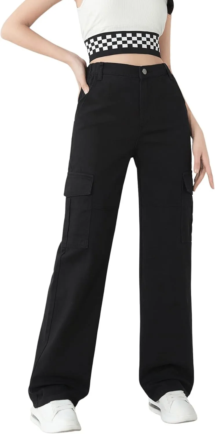SweatyRocks Girl's Casual Elastic Waist Zip Up Denim Pants Straight Leg Cargo Jeans with Pocket