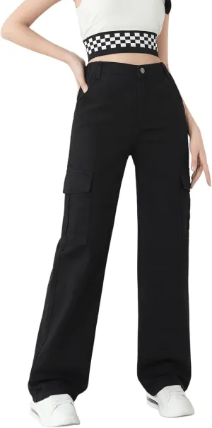 SweatyRocks Girl's Casual Elastic Waist Zip Up Denim Pants Straight Leg Cargo Jeans with Pocket