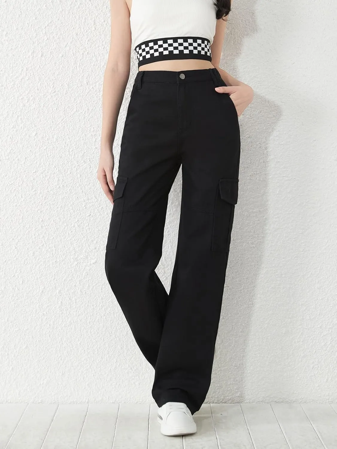 SweatyRocks Girl's Casual Elastic Waist Zip Up Denim Pants Straight Leg Cargo Jeans with Pocket