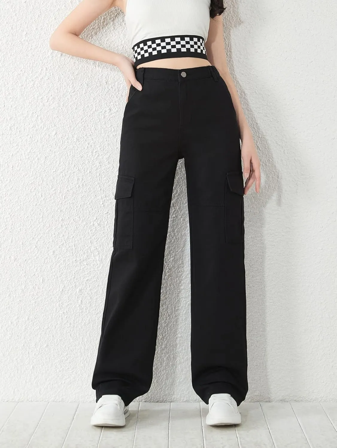SweatyRocks Girl's Casual Elastic Waist Zip Up Denim Pants Straight Leg Cargo Jeans with Pocket
