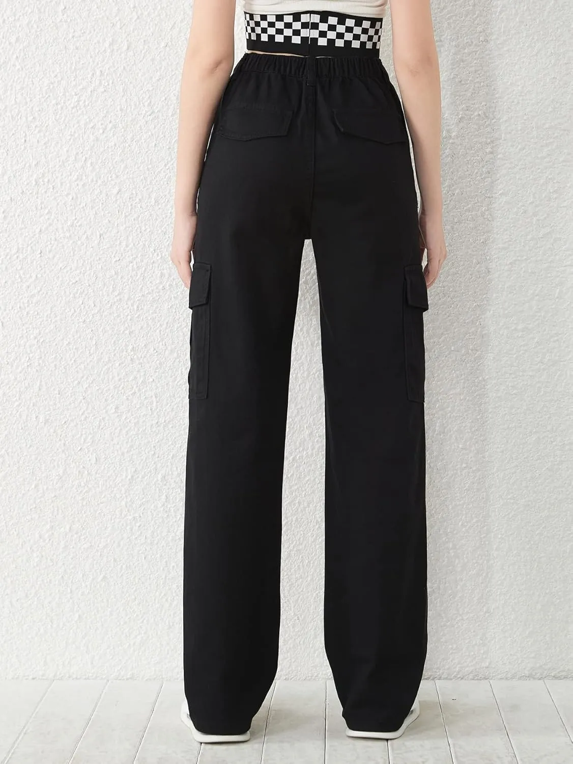 SweatyRocks Girl's Casual Elastic Waist Zip Up Denim Pants Straight Leg Cargo Jeans with Pocket