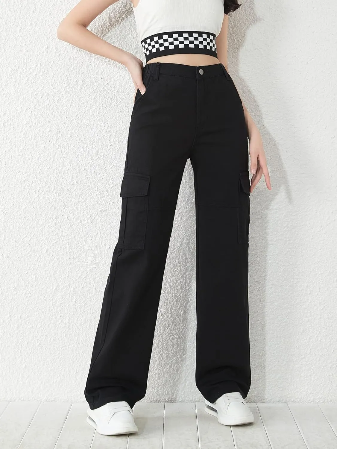 SweatyRocks Girl's Casual Elastic Waist Zip Up Denim Pants Straight Leg Cargo Jeans with Pocket