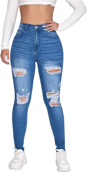 SweatyRocks Women's Casual High Rise Ripped Jeans Zipper Fly Skinny Denim Pants
