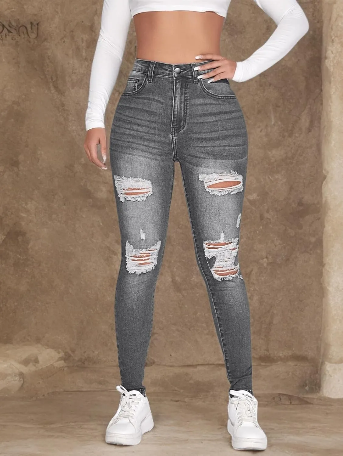 SweatyRocks Women's Casual High Rise Ripped Jeans Zipper Fly Skinny Denim Pants