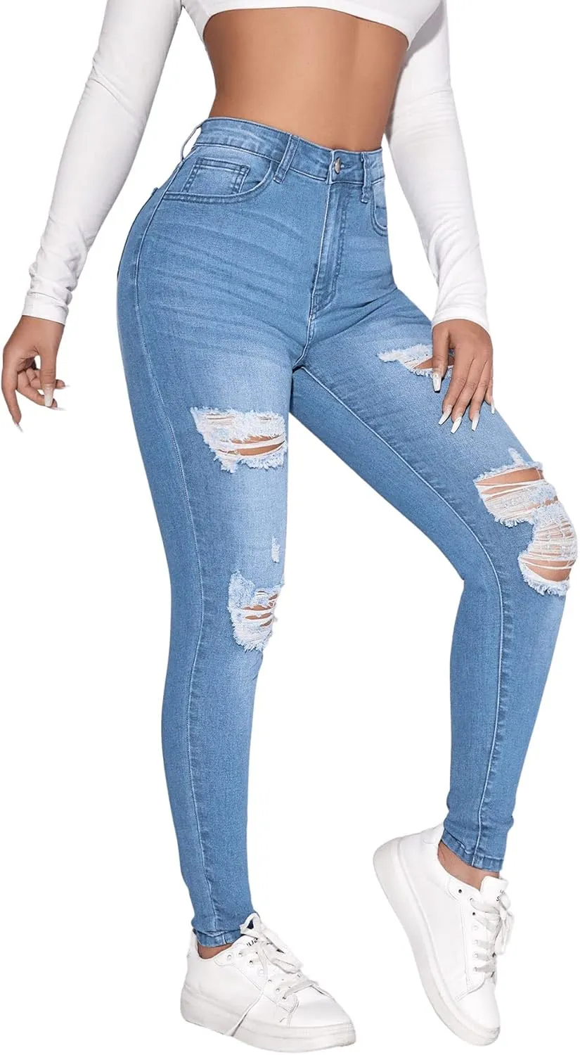 SweatyRocks Women's Casual High Rise Ripped Jeans Zipper Fly Skinny Denim Pants