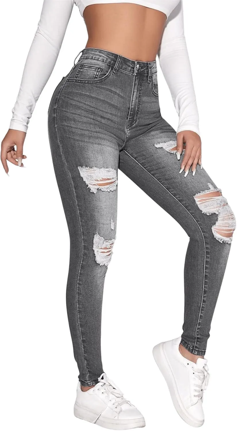 SweatyRocks Women's Casual High Rise Ripped Jeans Zipper Fly Skinny Denim Pants