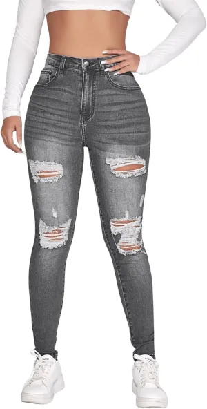 SweatyRocks Women's Casual High Rise Ripped Jeans Zipper Fly Skinny Denim Pants
