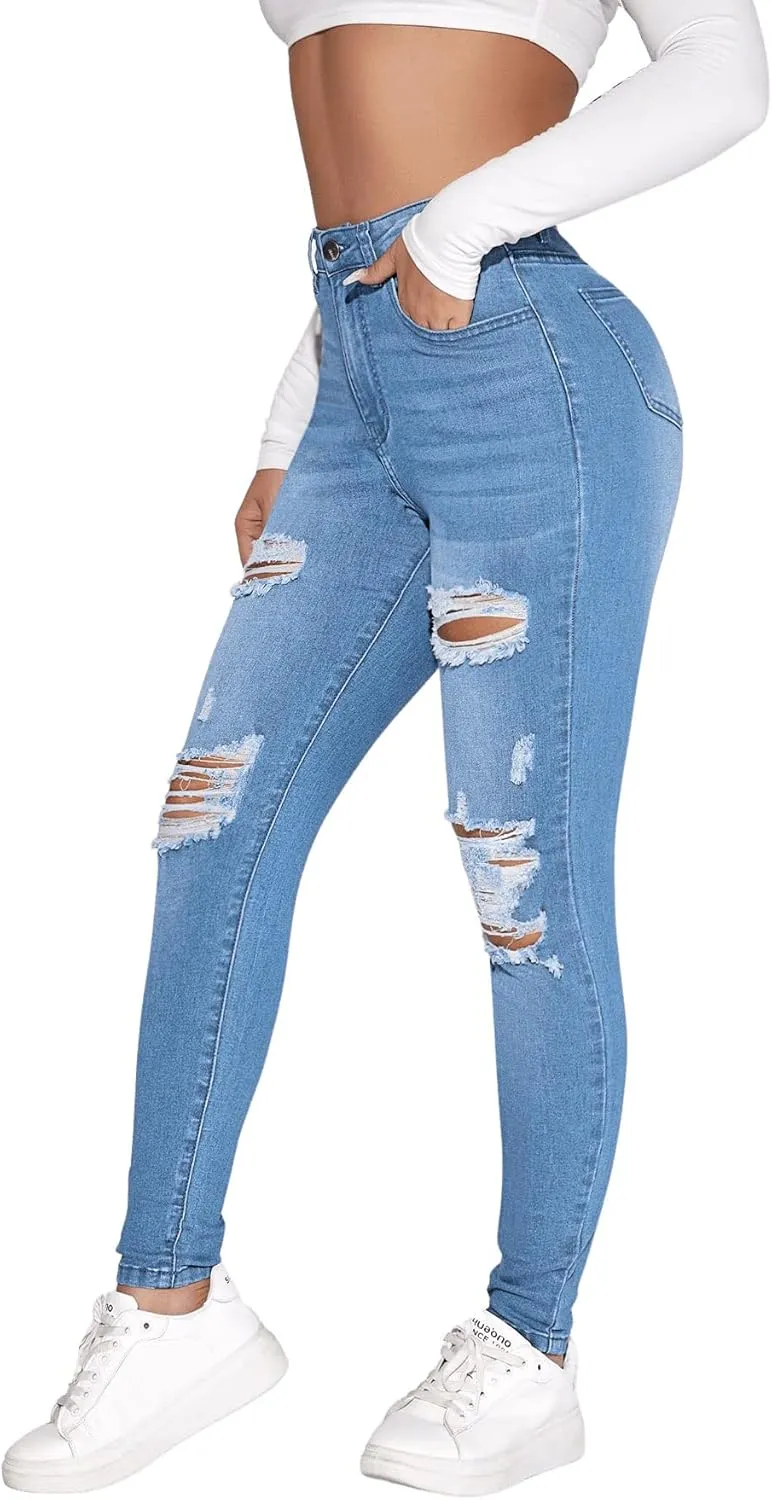 SweatyRocks Women's Casual High Rise Ripped Jeans Zipper Fly Skinny Denim Pants