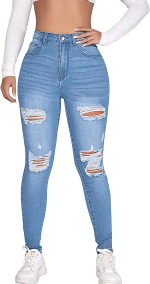 SweatyRocks Women's Casual High Rise Ripped Jeans Zipper Fly Skinny Denim Pants