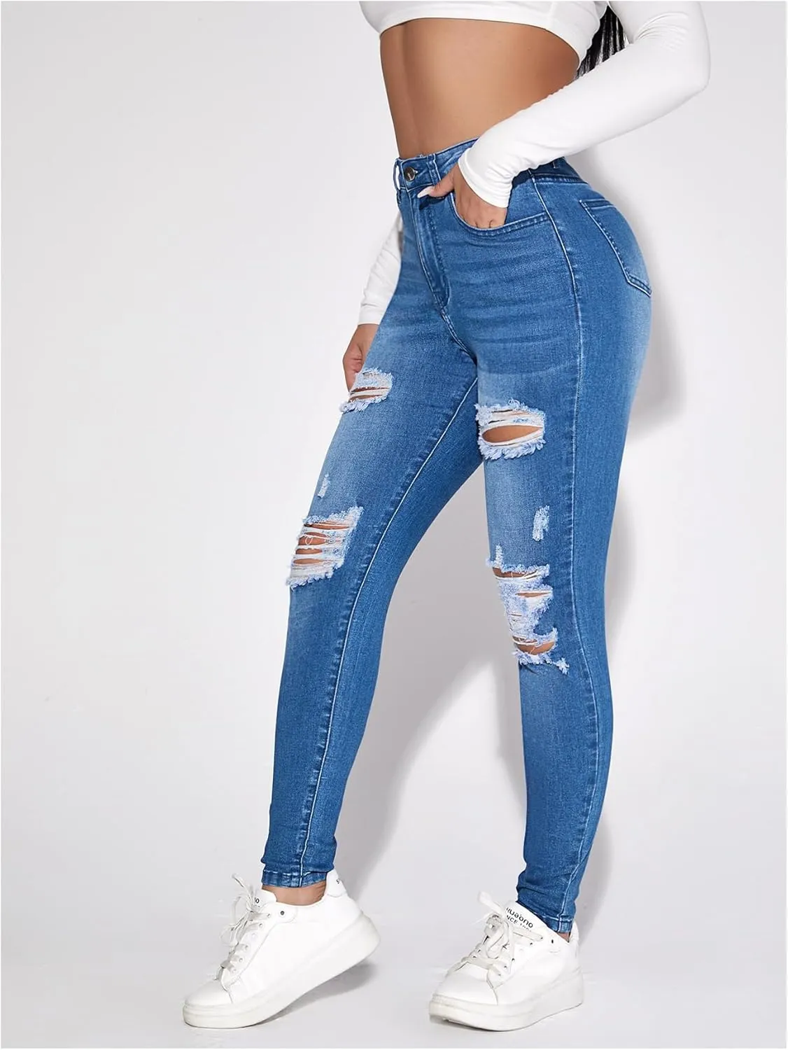 SweatyRocks Women's Casual High Rise Ripped Jeans Zipper Fly Skinny Denim Pants