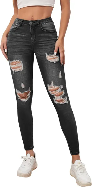 SweatyRocks Women's Casual High Rise Ripped Jeans Zipper Fly Skinny Denim Pants