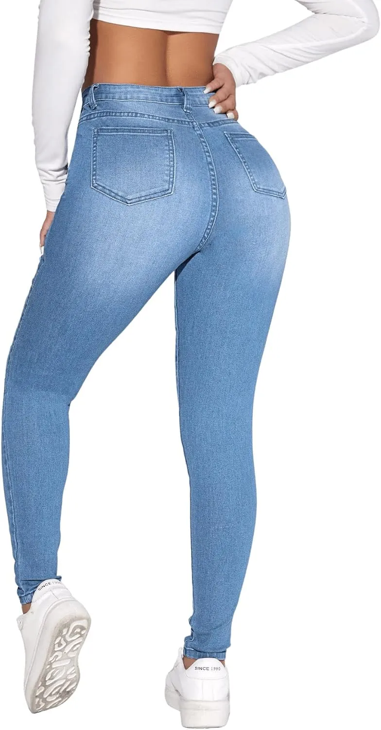 SweatyRocks Women's Casual High Rise Ripped Jeans Zipper Fly Skinny Denim Pants