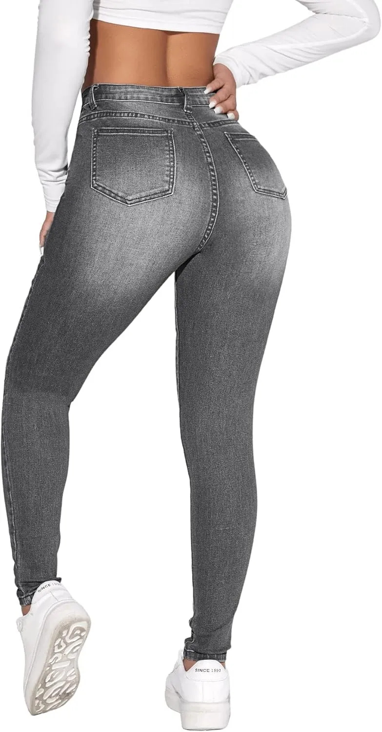 SweatyRocks Women's Casual High Rise Ripped Jeans Zipper Fly Skinny Denim Pants