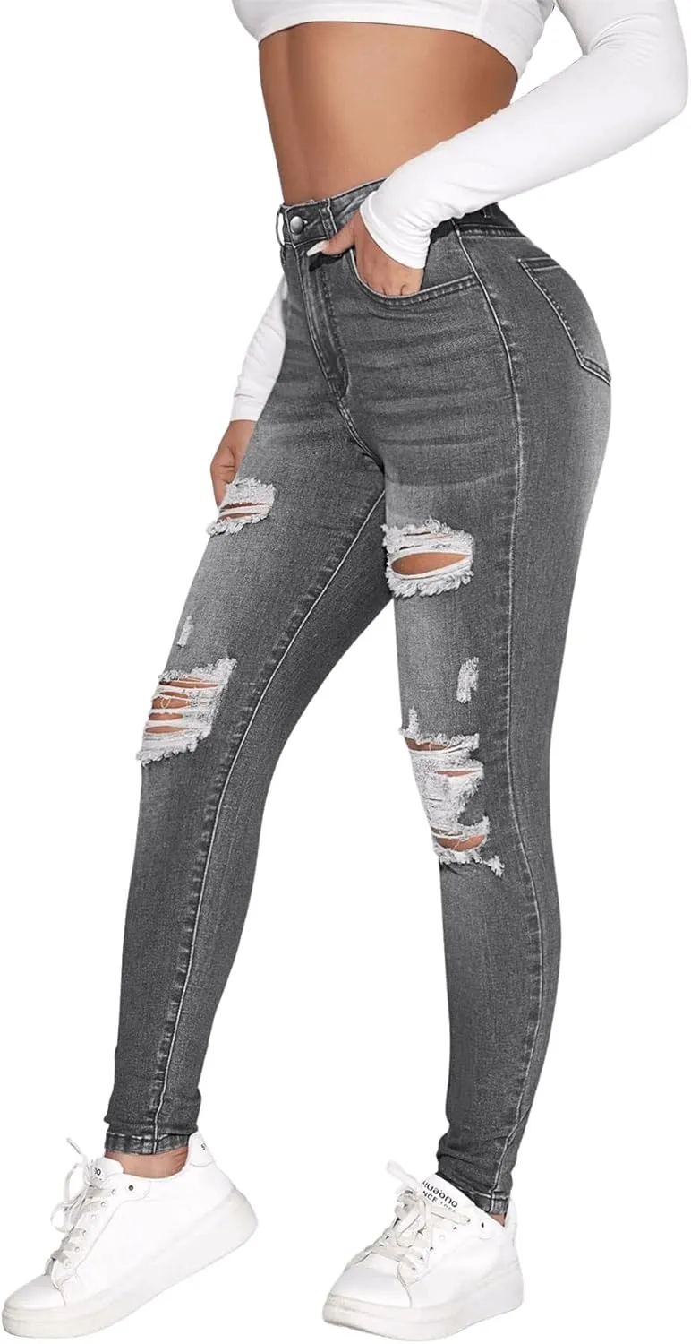 SweatyRocks Women's Casual High Rise Ripped Jeans Zipper Fly Skinny Denim Pants