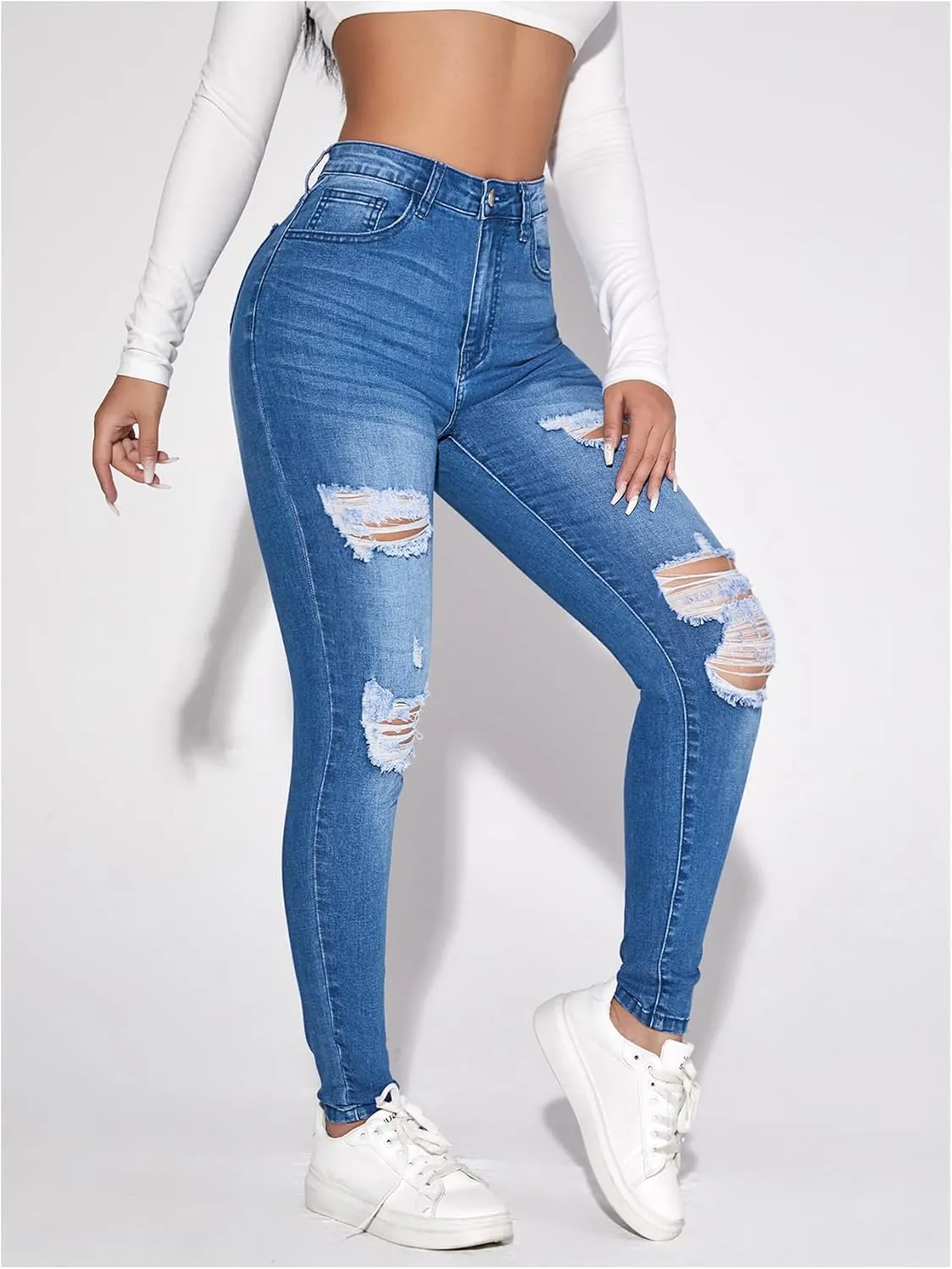 SweatyRocks Women's Casual High Rise Ripped Jeans Zipper Fly Skinny Denim Pants