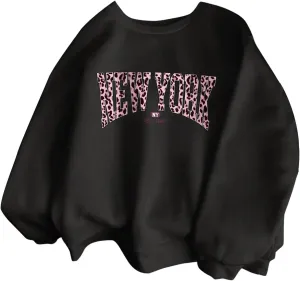 SweatyRocks Women's Letter Leopard Print Sweatshirt Crewneck Long Sleeve Oversized Pullover Tops