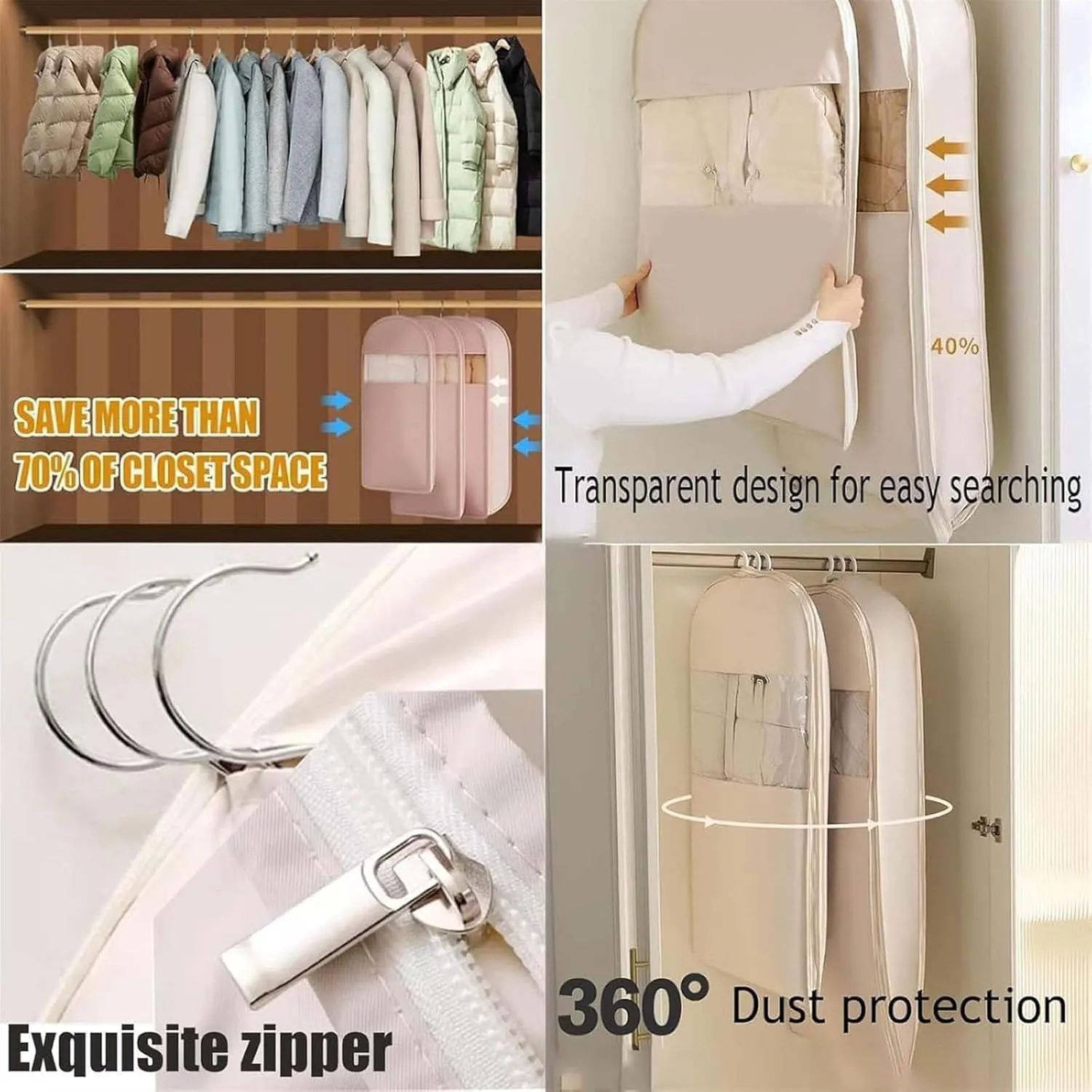 Taprinferior Hanging Garment Bag, Tapinterior Garment Bag, 2025 Space Saving Hanging Garment Bag's with Self Compression Zipper for Suits, Dresses, Coats (B Beige (43.3 * 22.8in))
