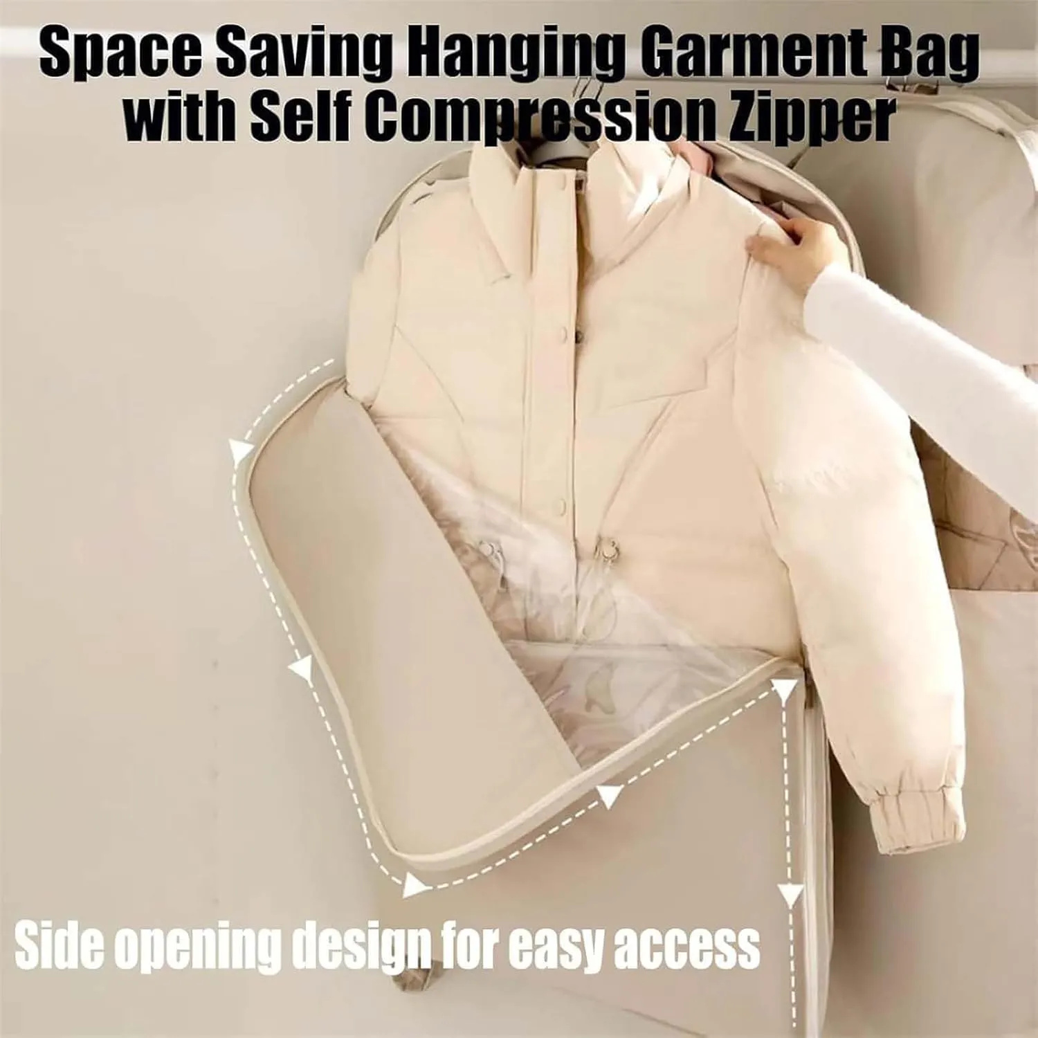 Taprinferior Hanging Garment Bag, Tapinterior Garment Bag, 2025 Space Saving Hanging Garment Bag's with Self Compression Zipper for Suits, Dresses, Coats (B Beige (43.3 * 22.8in))