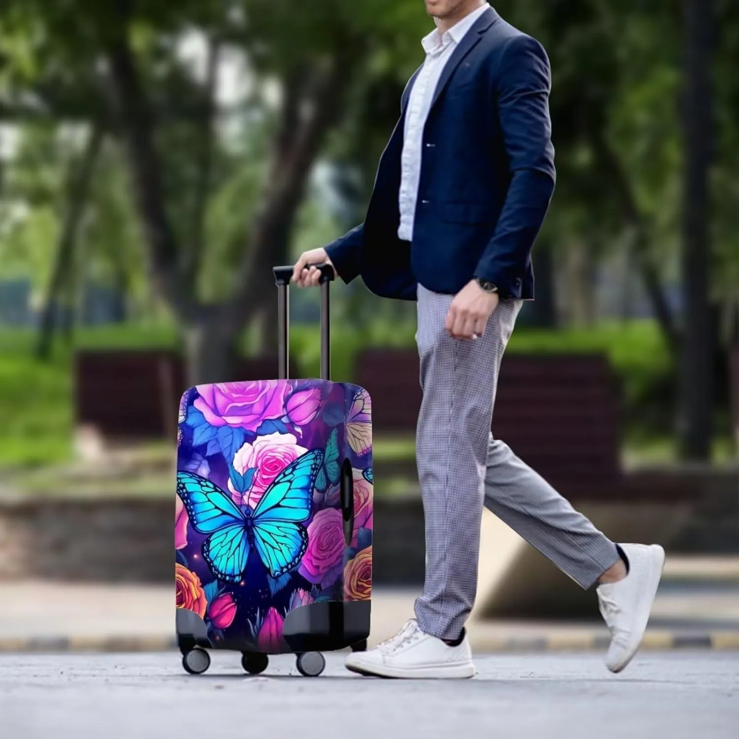 TODIYADDU Blue Butterfly Flowers Rose Elastic Luggage Protective Covers for 18-32 inch Trolley Suitcase Protect Dust Bag Case Trendy Portable Travel Accessories Anti-Scratch Luggage Outerwear, M