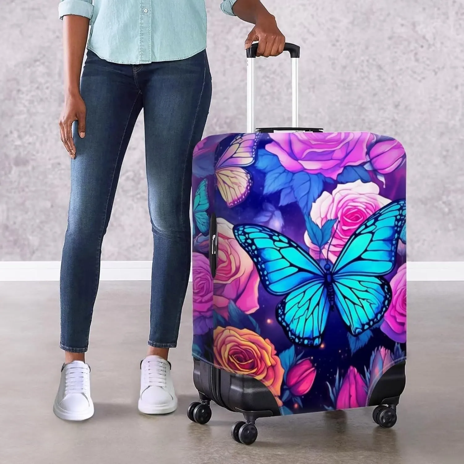 TODIYADDU Blue Butterfly Flowers Rose Elastic Luggage Protective Covers for 18-32 inch Trolley Suitcase Protect Dust Bag Case Trendy Portable Travel Accessories Anti-Scratch Luggage Outerwear, M