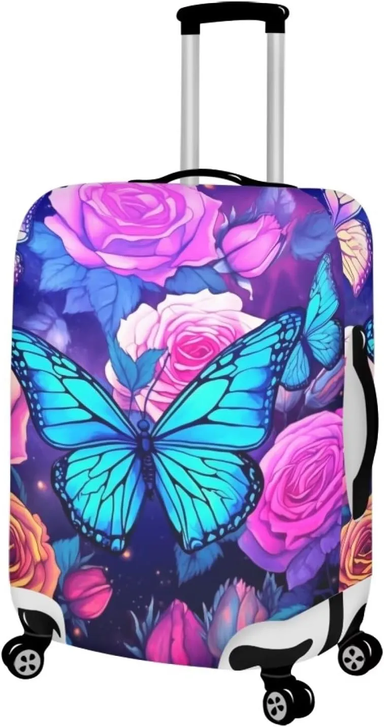 TODIYADDU Blue Butterfly Flowers Rose Elastic Luggage Protective Covers for 18-32 inch Trolley Suitcase Protect Dust Bag Case Trendy Portable Travel Accessories Anti-Scratch Luggage Outerwear, M