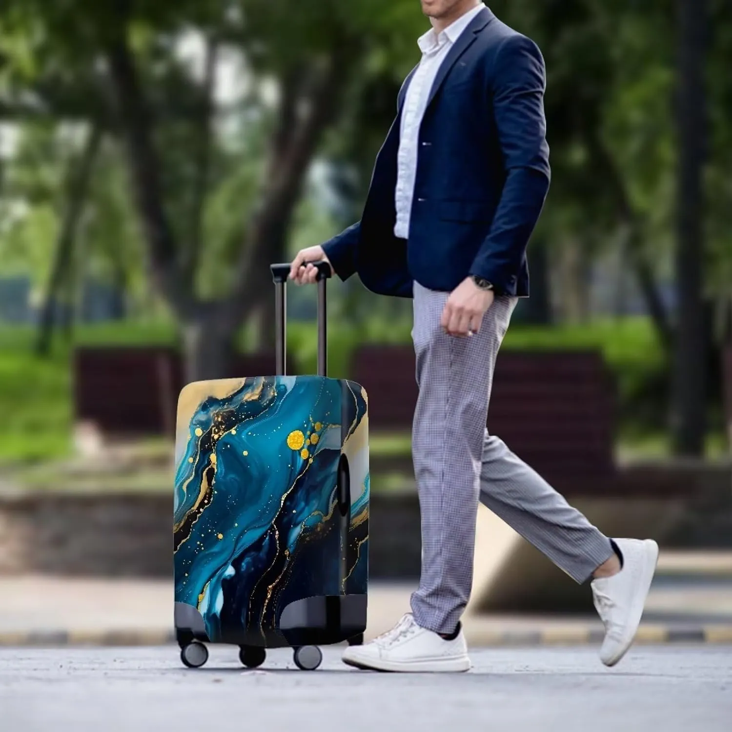 TODIYADDU Blue Gold Marble Quicksand Elastic Luggage Protective Covers for 25-28 inch Trolley Suitcase Protect Dust Bag Case Trendy Portable Travel Accessories Anti-Scratch Luggage Outerwear Gifts, L