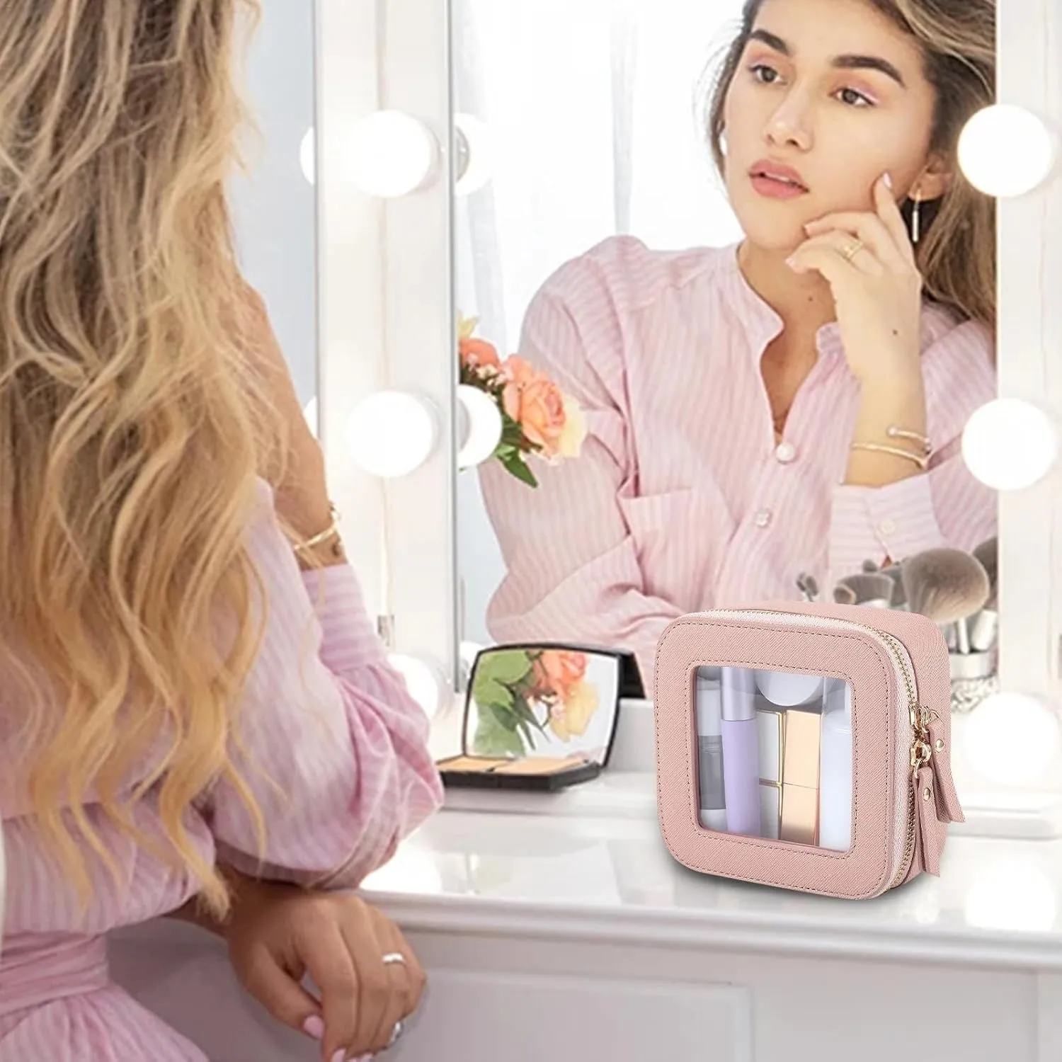 Travel Cosmetic Bag, Travel Make Up Bag, Zippered Portable Makeup Bag, Lightweight Storage Bags 5.04 x 4.92 x 2.28 Inches for Travelling, Home, Camping (Black, Pink, Beige, Light Brown)