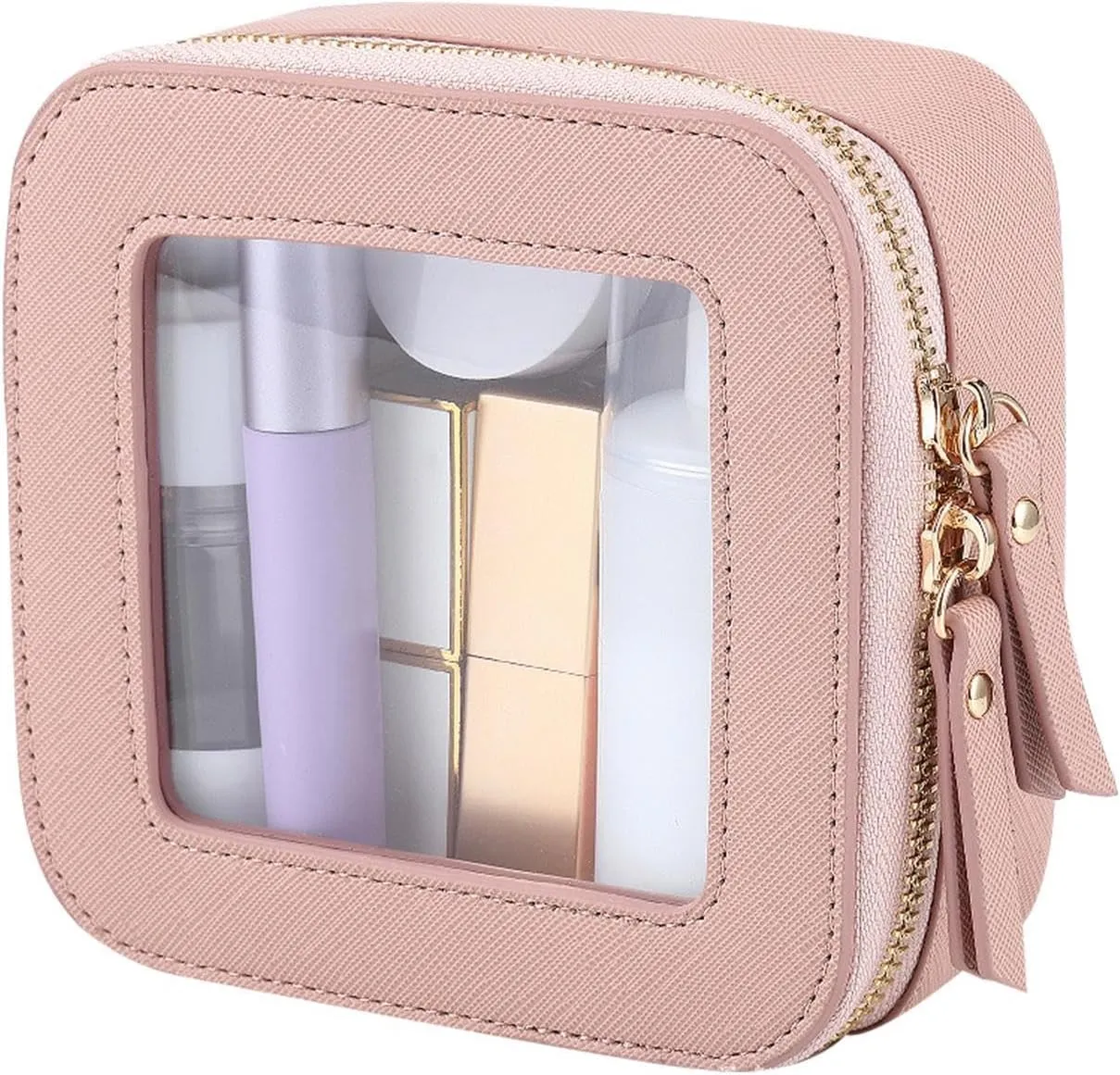Travel Cosmetic Bag, Travel Make Up Bag, Zippered Portable Makeup Bag, Lightweight Storage Bags 5.04 x 4.92 x 2.28 Inches for Travelling, Home, Camping (Black, Pink, Beige, Light Brown)