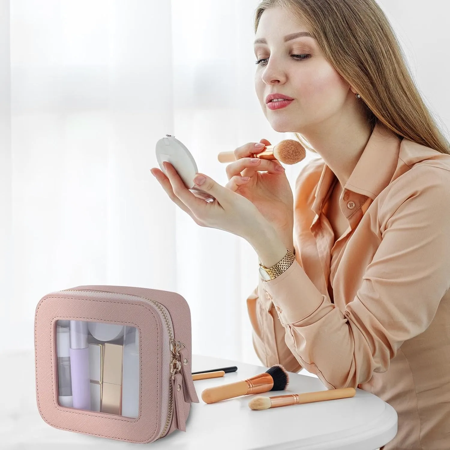 Travel Cosmetic Bag, Travel Make Up Bag, Zippered Portable Makeup Bag, Lightweight Storage Bags 5.04 x 4.92 x 2.28 Inches for Travelling, Home, Camping (Black, Pink, Beige, Light Brown)