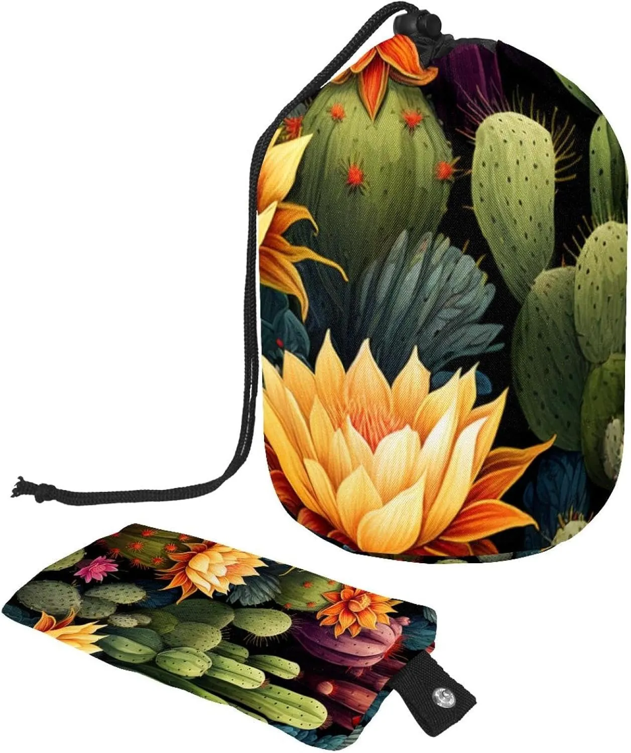 Travel Cosmetic Bags bucket Makeup Bag, Art Colorful Plant Cactus Women Portable Foldable Cases, Multifunctional Toiletry Bucket Bags Round Organizer Storage