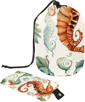 Travel Cosmetic Bags bucket Makeup Bag, Art Ocean Seahorse Women Portable Foldable Cases, Multifunctional Toiletry Bucket Bags Round Organizer Storage