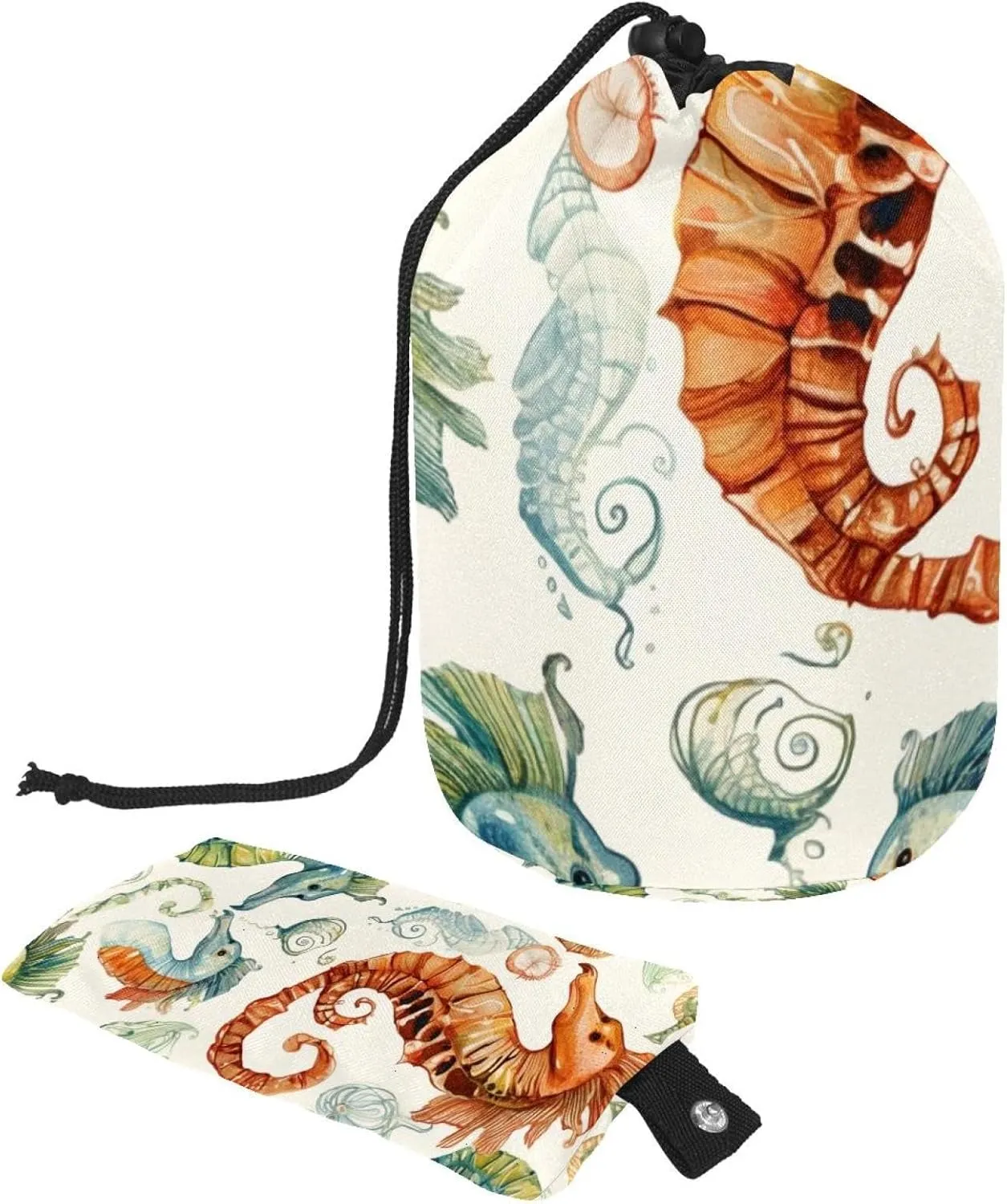 Travel Cosmetic Bags bucket Makeup Bag, Art Ocean Seahorse Women Portable Foldable Cases, Multifunctional Toiletry Bucket Bags Round Organizer Storage