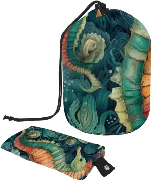 Travel Cosmetic Bags bucket Makeup Bag, Art Ocean Vintage Seahorse Women Portable Foldable Cases, Multifunctional Toiletry Bucket Bags Round Organizer Storage