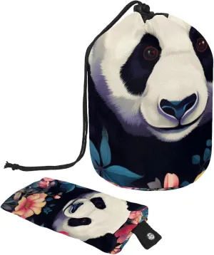 Travel Cosmetic Bags bucket Makeup Bag, Art Panda with Flower Women Portable Foldable Cases, Multifunctional Toiletry Bucket Bags Round Organizer Storage